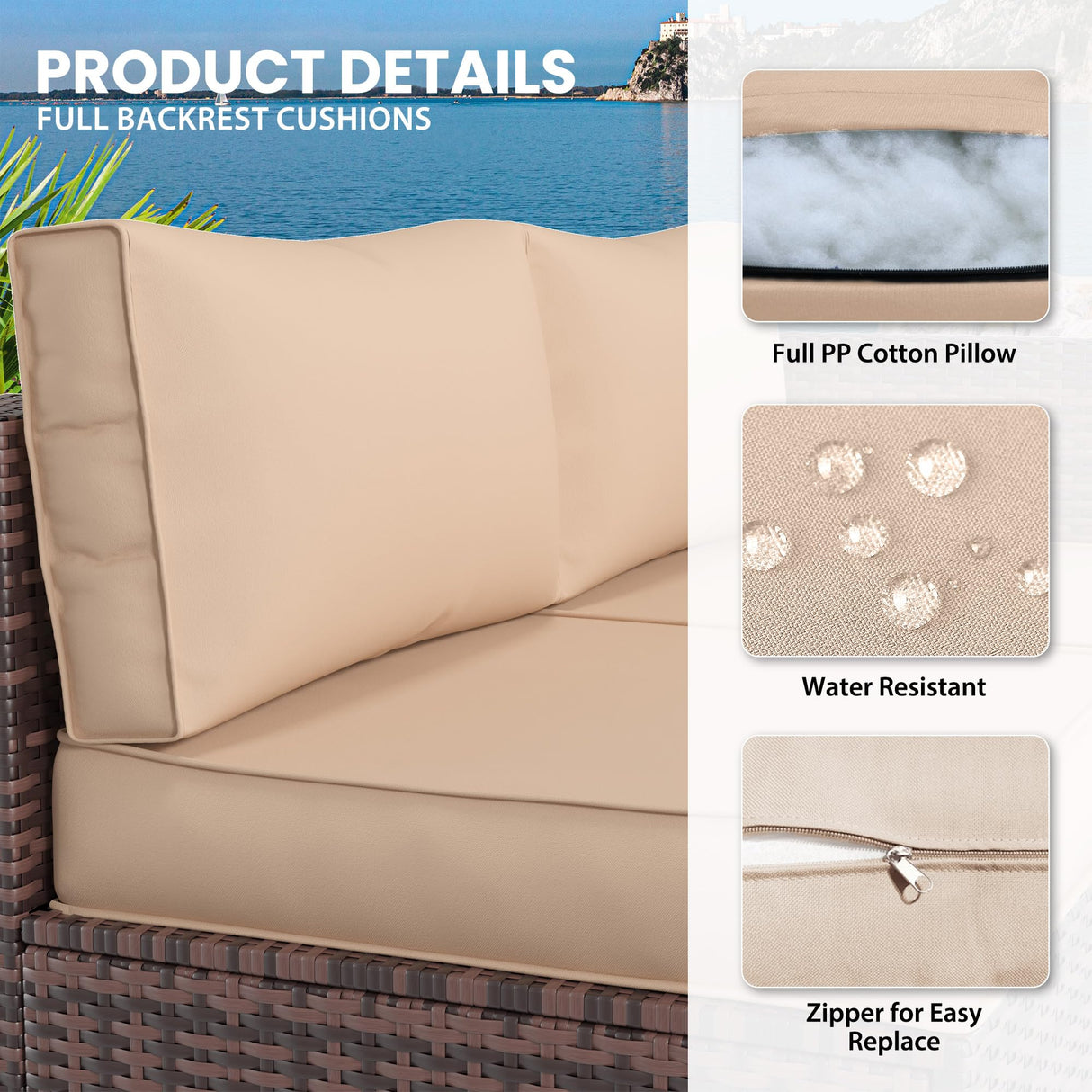 UDPATIO Outdoor Cushions for Patio Furniture, 7-Piece Replacement Cushions for Outdoor Furniture, Patio Cushions Outdoor Sectional Cushions Couch Cushions for 4-seat Patio Conversation Sets (Beige) UDPATIO