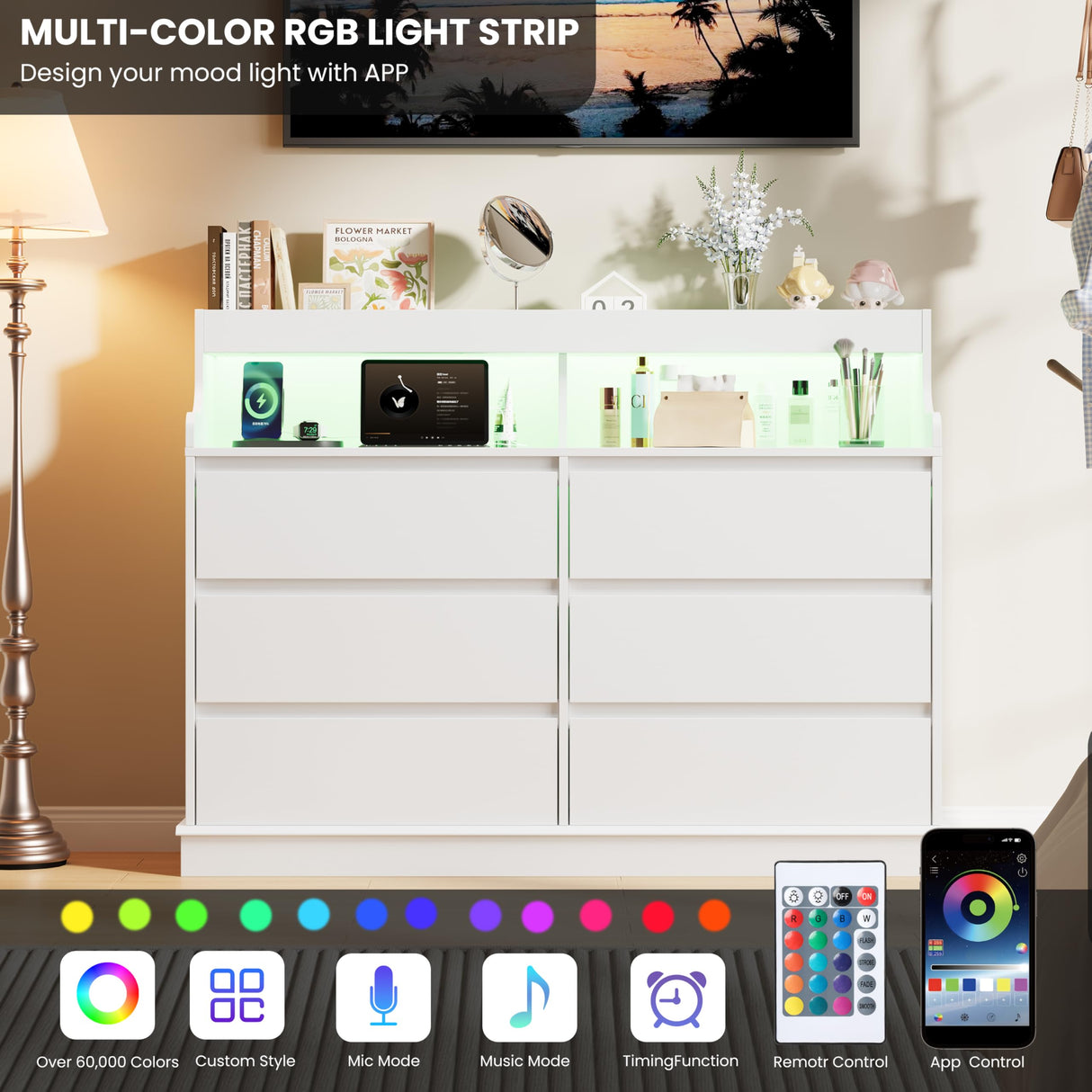 White Dresser for Bedroom, 6 Drawer Dresser with LED Lights and Charging Station, Wide Chest of 6 Drawers with Open Space, Modern Large Capacity Storage Cabinet, Living Room, Hallway GarveeHome