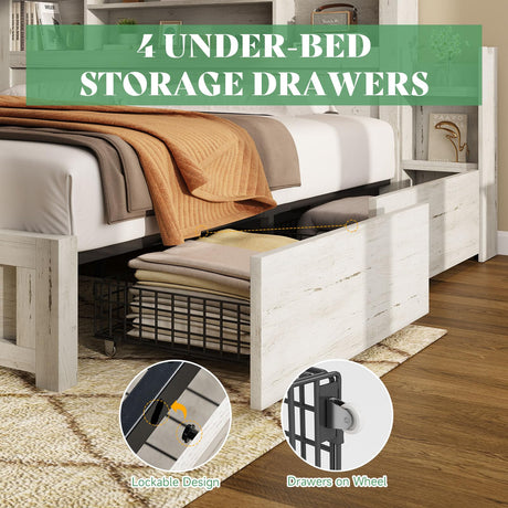 AMERLIFE Queen Bed Frame with 4 Storage Drawer, LED Bed Frame with 49.6" Tall Bookcase Headboard, Wood Platform Bed with Charging Station & 2 Slide Bedside Shelf, No Box Spring Needed/Distressed White AMERLIFE