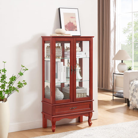 TRJQBCC 49" H Lighted Curio Display Cabinet with 2 Glass Doors & 1 Drawer, Wooden Curio Showcase w/Adjustable Shelves & Mirrored Back Panel, Wine Storage Cabinet Display Case for Living Room (Cherry) TRJQBCC