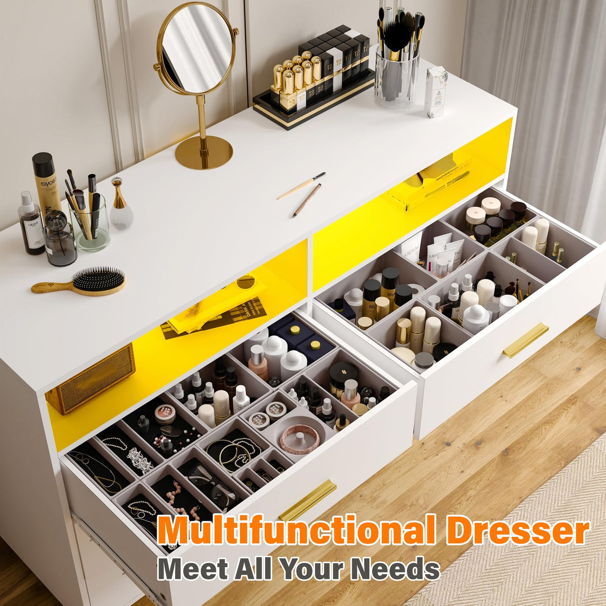 EnHomee Wooden Dresser for Bedroom with LED Lights, 47.3" W White Dresser for Bedroom, 6 Drawer Dresser TV Stand, Modern Dresser with Large Organizer for Bedroom, Living Room, Hallway, White EnHomee