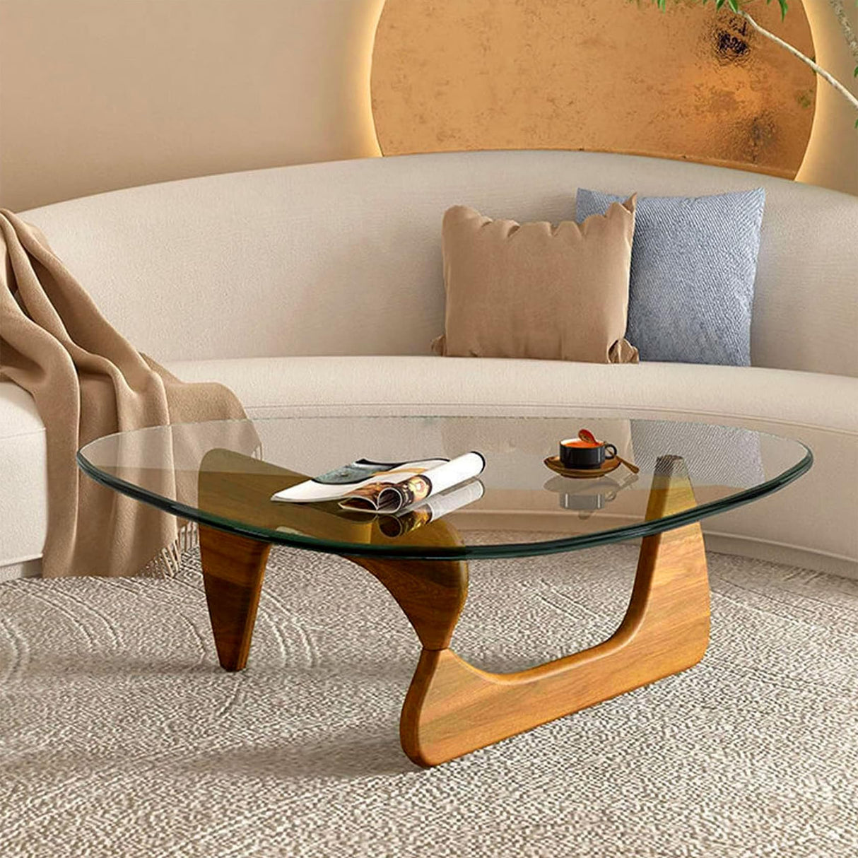 Coffee Tables for Living Room - Triangle Glass Coffee Table with Wooden Base Mid-Century Modern Abstract End Table for Study Room Office Hotel Balcony (Walnut transparent, Small 32.2 * 22.4 * 16in) PRITIY
