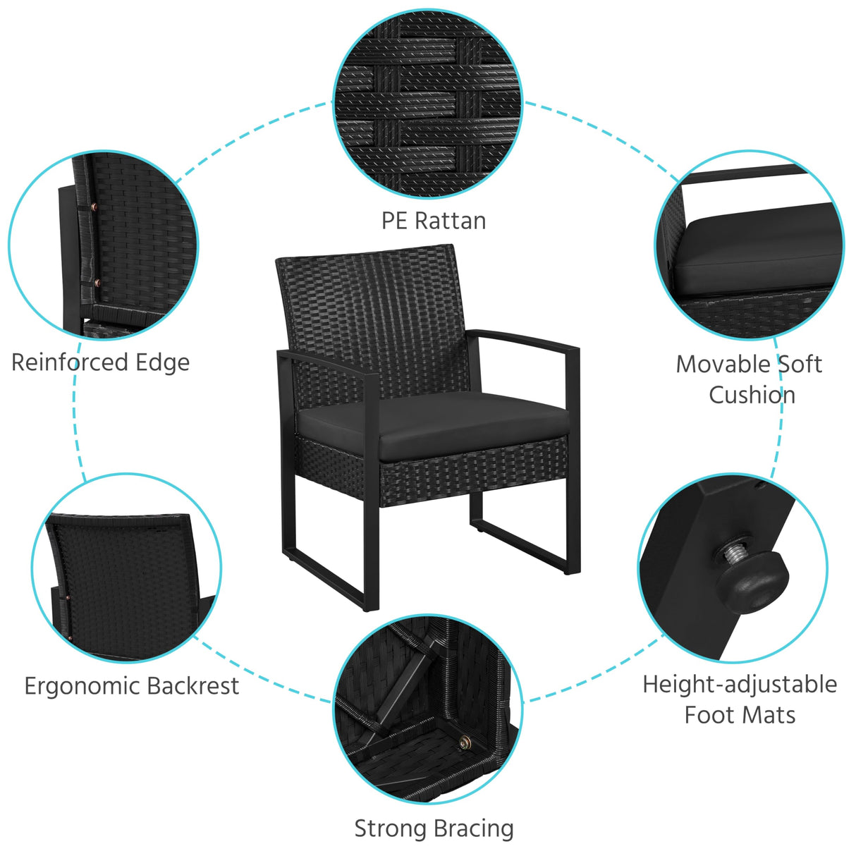 Yaheetech 3 Pieces Rattan Bistro Set, Indoor/Outdoor Wicker Patio Modern Conversation Furniture, 2 Chairs & Tempered Glass Coffee Table for Garden, Balcony, Backyard, Poolside, Black Yaheetech