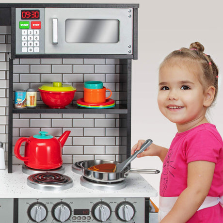 Lil' Jumbl Kids Kitchen Set, Pretend Wooden Play Kitchen, Battery Operated Icemaker & Microwave with Realistic Sound, Pots & Pan Included - Charcoal Lil' Jumbl