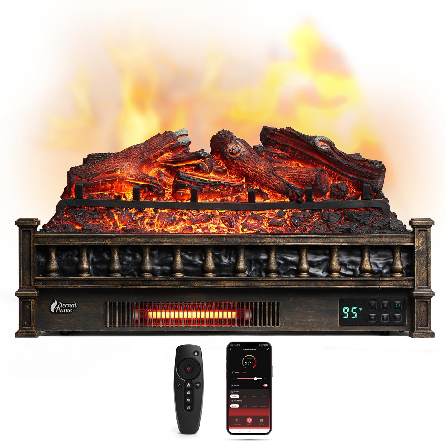 TURBRO Eternal Flame 26 in. WiFi Infrared Quartz Electric Fireplace Log Heater with Sound Crackling, Realistic Lemonwood Logs, Adjustable Flame Colors, Remote Control, Thermostat, Timer, 1500W Bronze