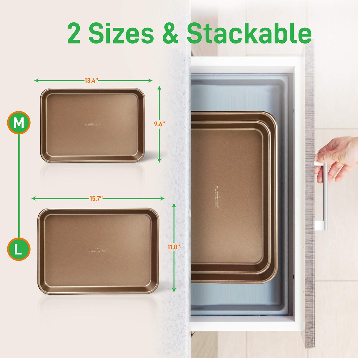 NutriChef 2-Piece Nonstick Baking Sheet Pans - Premium Carbon Steel Oven Bake Trays w/ Non-Stick Coating - Large & Medium Sized Cookie Sheets for Baking - Champagne Gold NutriChef
