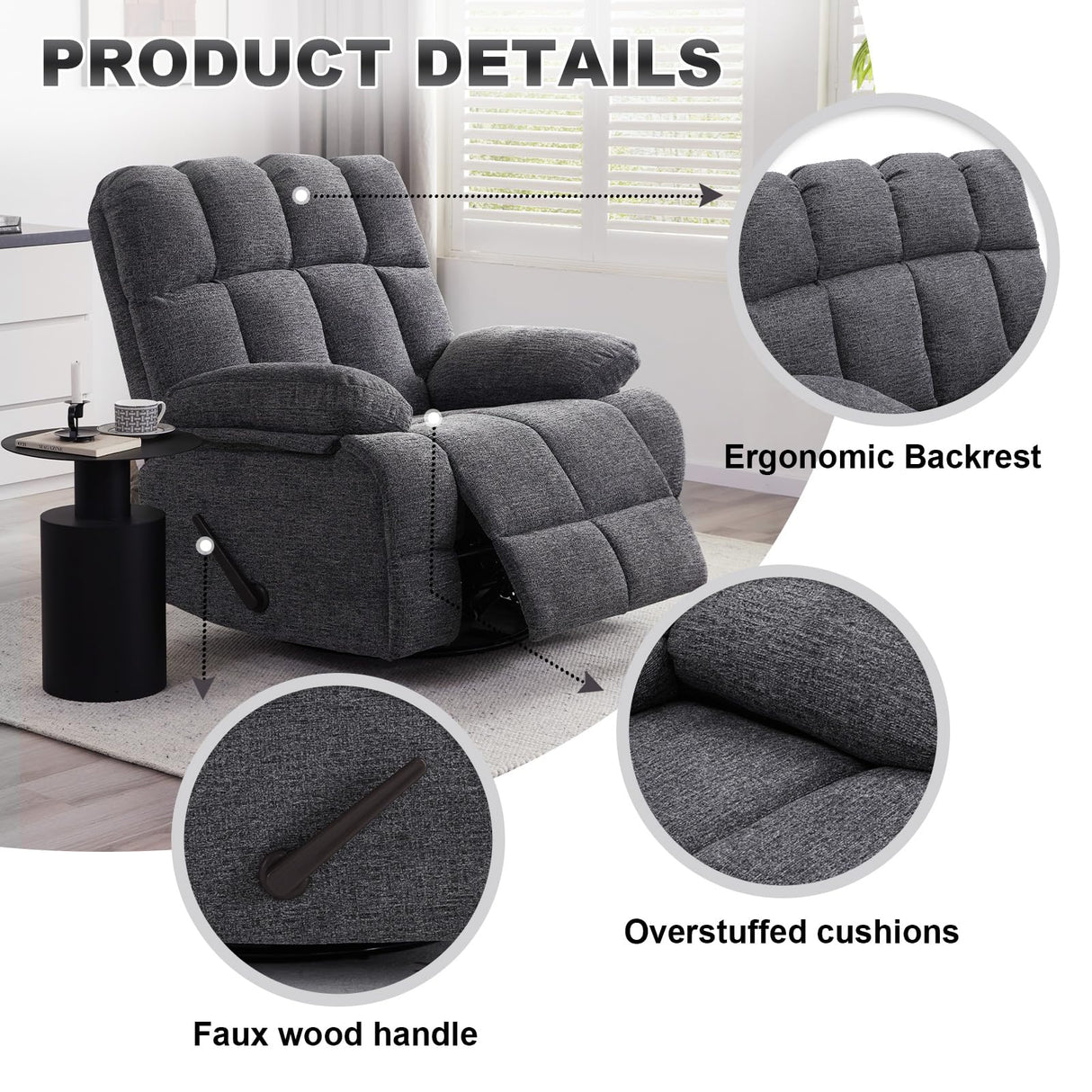 Eiayeebil Oversized Swivel Rocker Recliner Chair for Adult, Rock Recliner for 350lb Big Man, Extra Wide Manual Recliners, Overstuffed Soft Rocking Sofa Chair,Light Grey Eiayeebil
