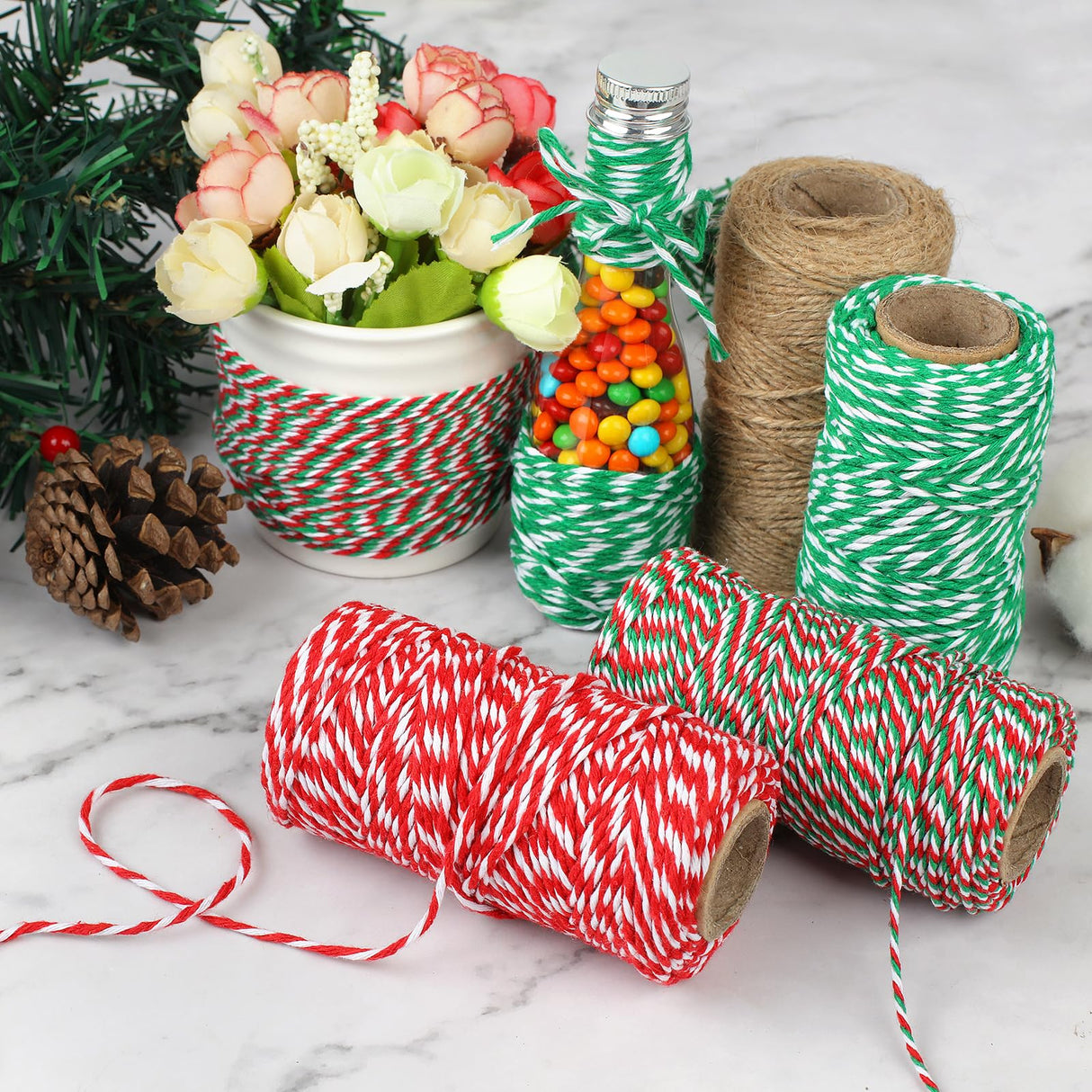 4 Rolls Natural Jute Twine, Red, Green & White - 70m/Roll Joyberg