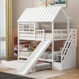 Kids Twin Over Twin Bunk Beds with Slide and Trundle, Solid Wood Bunk Bed Frame with Stairs and Storage, Playhouse Bunk Bed with Roof and Window for Kids, Teens, Girls & Boys (White) Harper & Bright Designs