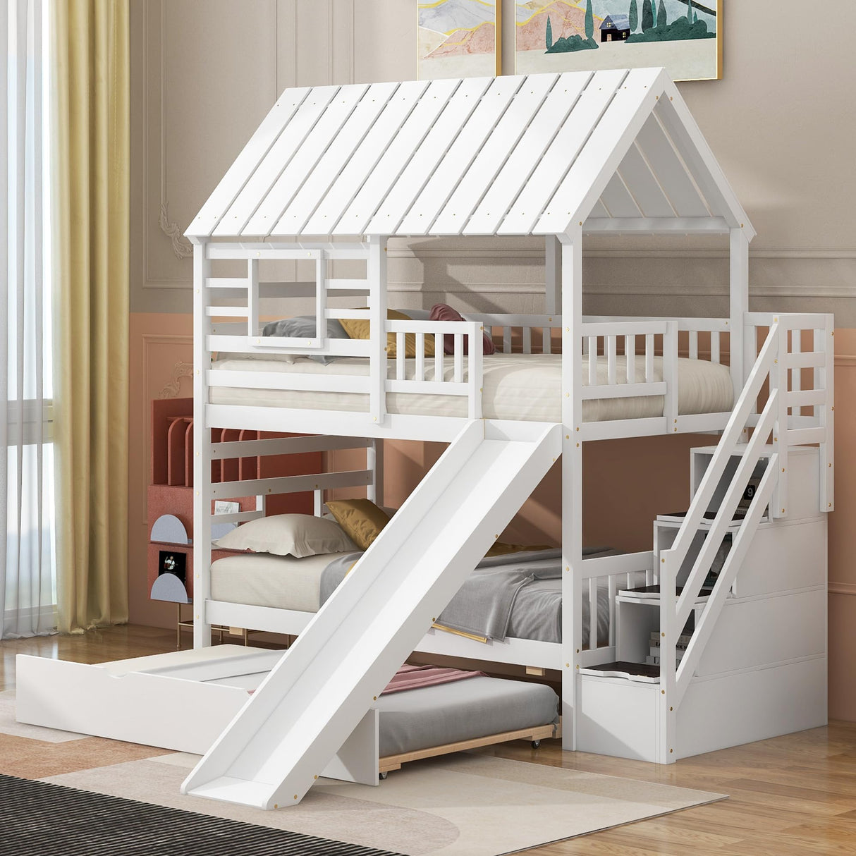 MERITLINE House Bunk Beds Twin Over Twin with Slide, Twin Bunk Bed with Storage Stairs and Trundle, Wood Kids Bunk Bed with Roof and Window Design for Girls, Boys,White MERITLINE
