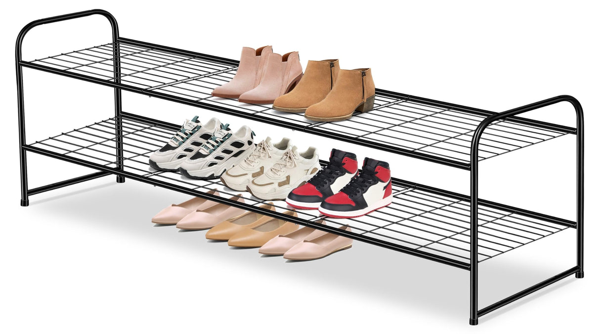 AOODA Long 2 Tier Shoe Rack for Closet Metal Wide Stackable Shoe Storage Organizer for Entryway, Bedroom, Floor, 18-Pairs Low Shoe Shelf, Black AOODA