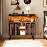 DWVO Large Record Player Stand, Turntable with Power Outlets & LED Lights, Vinyl Record Player Table with Album Storage, Turntable Stand with Record Storage Shelf for Living Room, Brown DWVO