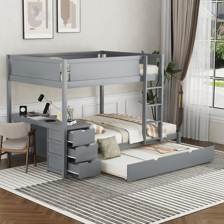 Harper & Bright Designs Full Over Full Bunk Bed Twin Size Trundle, Wood Full Bunk Bed with USB Ports, Storage and Desk, Gray Harper & Bright Designs