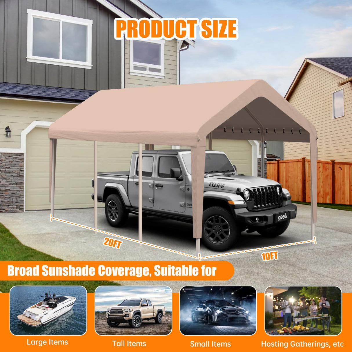 Carport Canopy 10'x20' Heavy Duty Replacement Cover, Garage Shelter Cover 800D Oxford Waterproof & UV Protected Tarp with Ball Bungees, Not Include Frame, Beige KAHLHAK