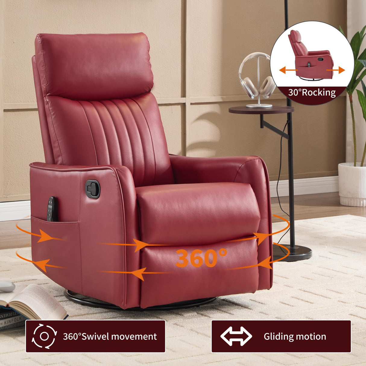 PELUMY Recliner Chair Swivel Rocking with Heat Massage - 360° Manual Recliner, 8-Point Vibrating & Lumbar Heat, Easy Assembly Chair for Living Room (Breathable Leather, Red) PELUMY