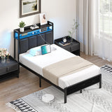 CHABUILDREARK Twin Bed Frames with LED Lights, Upholstered Metal Platform Bed with Charging Station and Storage Headboard, Heavy Duty Metal Slats, No Box Spring Need, Easy Assembly, Dark Grey CHABUILDREARK