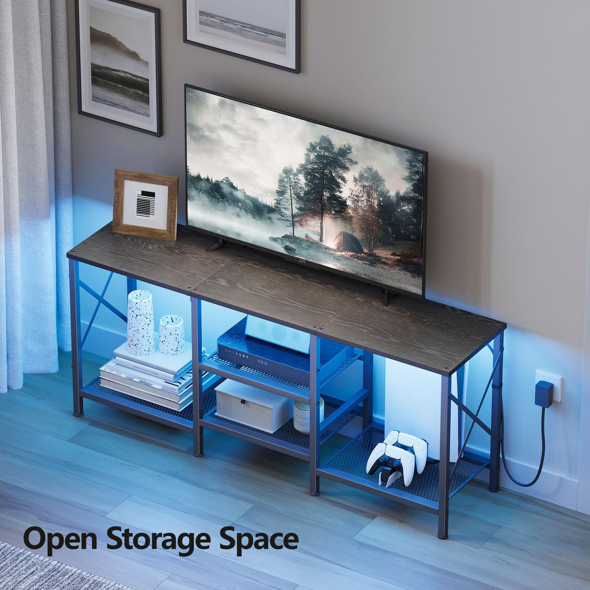 JARHETUN TV Stand with LED Lights for 55 Inch TV, Entertainment Center with 3-Tier Open Shelves, TV Console Table for Living Room, Bedroom, Black JARHETUN