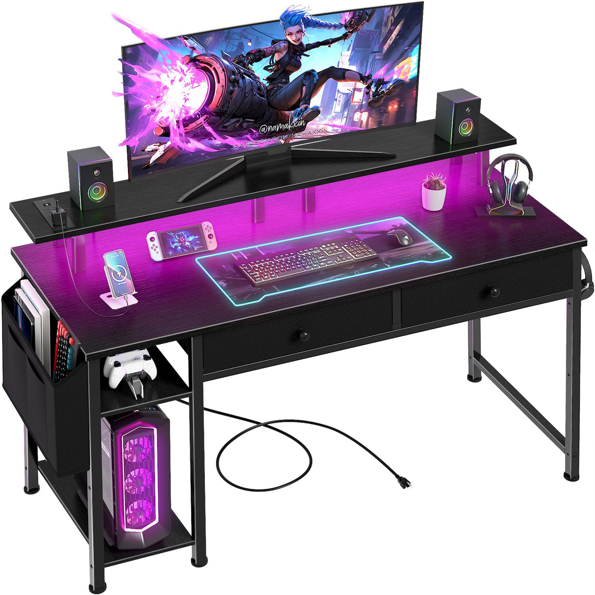 Black Computer Desk with Shelves and Drawers - 47 Inch Home Office Desk with Drawers and Shelves, Small Black Desk with Shelves, Computer Desk with Monitor Stand, RGB Gaming Desk with Power Outlet DLisiting