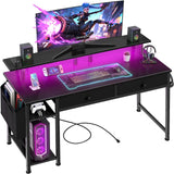 Black Computer Desk with Shelves and Drawers - 47 Inch Home Office Desk with Drawers and Shelves, Small Black Desk with Shelves, Computer Desk with Monitor Stand, RGB Gaming Desk with Power Outlet DLisiting