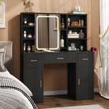 knoworld Vanity Desk with Sliding Mirror & LED Lights, Smart Makeup Table with Charging Station, Hairdryer Holder, 7 Shelves, 3 Drawers, 2 Cabinets, Vanity with Extra Hidden Stroage for Bedroom,Black knoworld