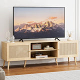 ZttRiee TV Stand for TVs up to 65'', Entertainment Center with Rattan Door, Shelves & 2 Cabinets, Long Boho Media TV Console for Living Room, Natural ZttRiee