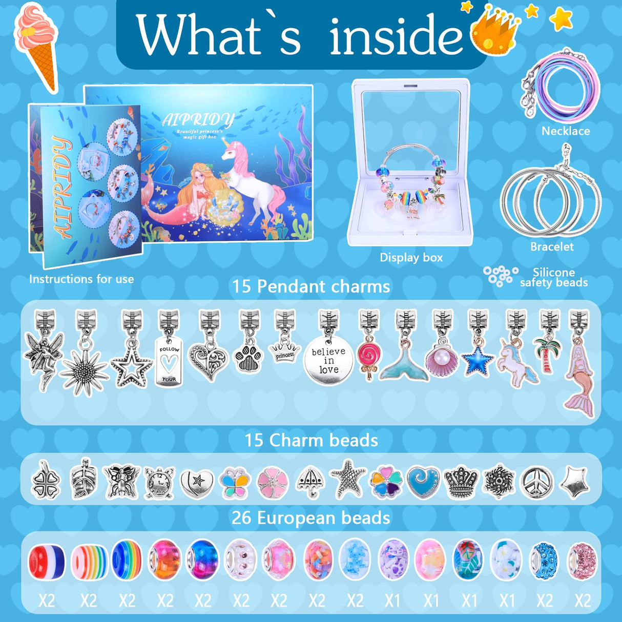 AIPRIDY Charm Bracelet Making Kit,Unicorn Mermaid Crafts Gifts Set Can Inspires Imagination and Creativity,Jewelry Making Kit Perfect Gifts for Girls 5-12 Years Old(72 Pieces Mermaid Aqua) AIPRIDY