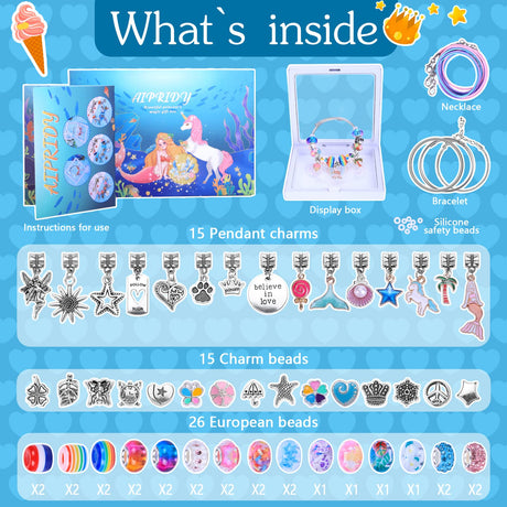 AIPRIDY Charm Bracelet Making Kit,Unicorn Mermaid Crafts Gifts Set Can Inspires Imagination and Creativity,Jewelry Making Kit Perfect Gifts for Girls 5-12 Years Old(72 Pieces Mermaid Aqua) AIPRIDY
