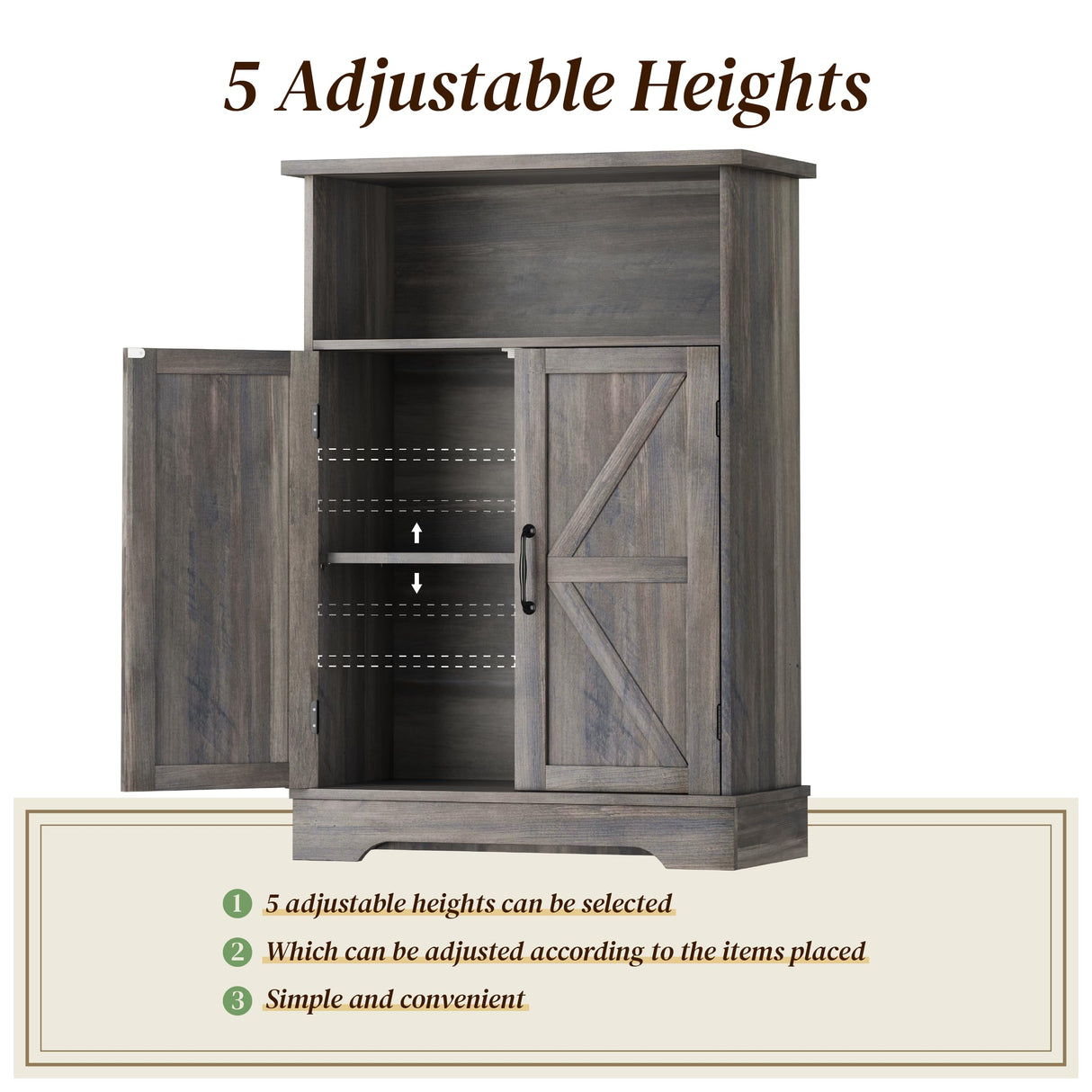 Smuxee Farmhouse Freestanding Cabinet Organizer with Barn Door and Adjustable Shelf, Wash Grey, for Bathroom, Kitchen, Living Room Smuxee