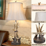 Rustic Table Lamps for Living Room Set of 2, Farmhouse Antler Western Bedside Lamp for Bedroom with 2 USB Charging Port, 3-Way Dimmable Resin Nightstand Lamps with Shade Decor, LED Bulbs Included Hamucd