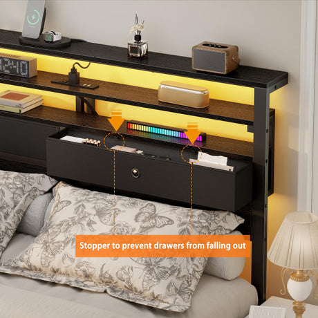 Furnulem Full Size Bed Frame with Headboard & 2 Fabric Drawers, Full Platform Bed Featuring LED Lights, Built-in Charging Station & Storage Shelves, Metal Slats, No Box Spring Needed – Black Oak Furnulem