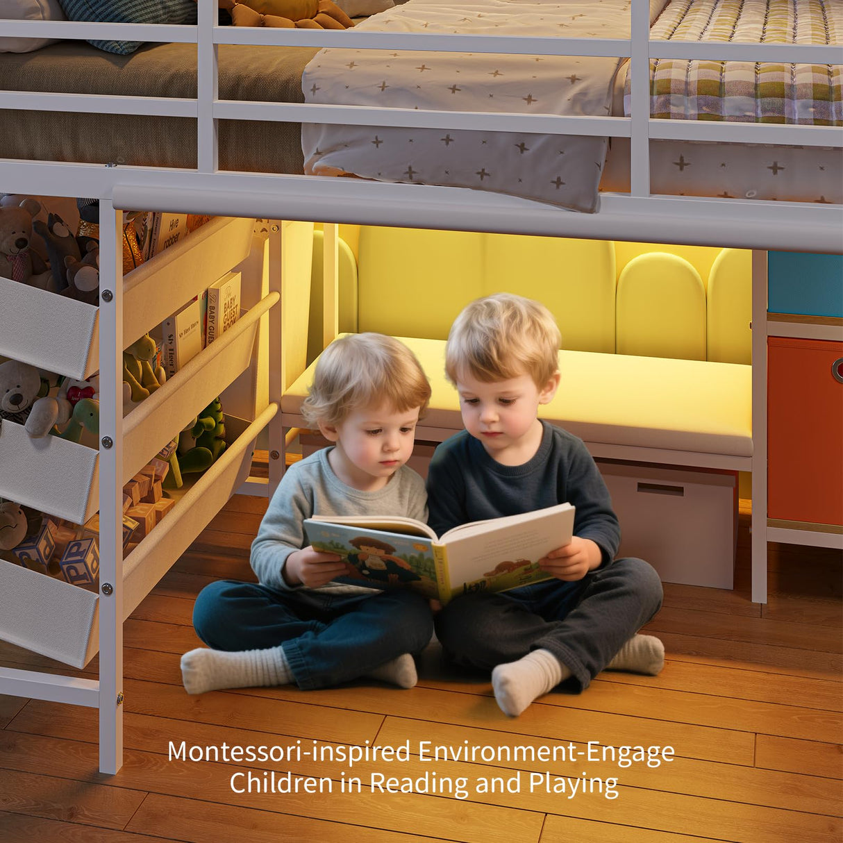 DICTAC Low Loft Bed Twin Size with Reading Corner Metal Twin Loft Bed with LED Lights,Sling Drawers and Bookshelf,loft Bed with Storage Basket and Bins,13.98" H Safety Guardrail and Stairs,White DICTAC