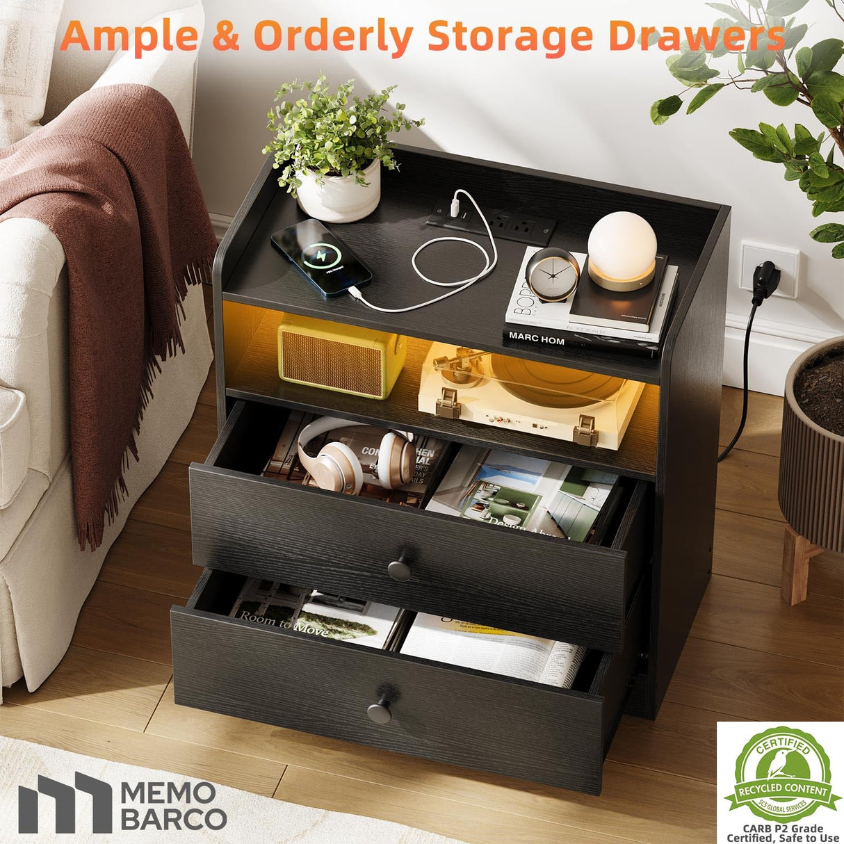 Memobarco Nightstand with Charging Station and LED Light,Modern Nightstand with USB Ports and Outlets,Wooden Bedside Tables with 2 Storage Drawers,Small Dresser for Bedroom Small Space,Black Memobarco