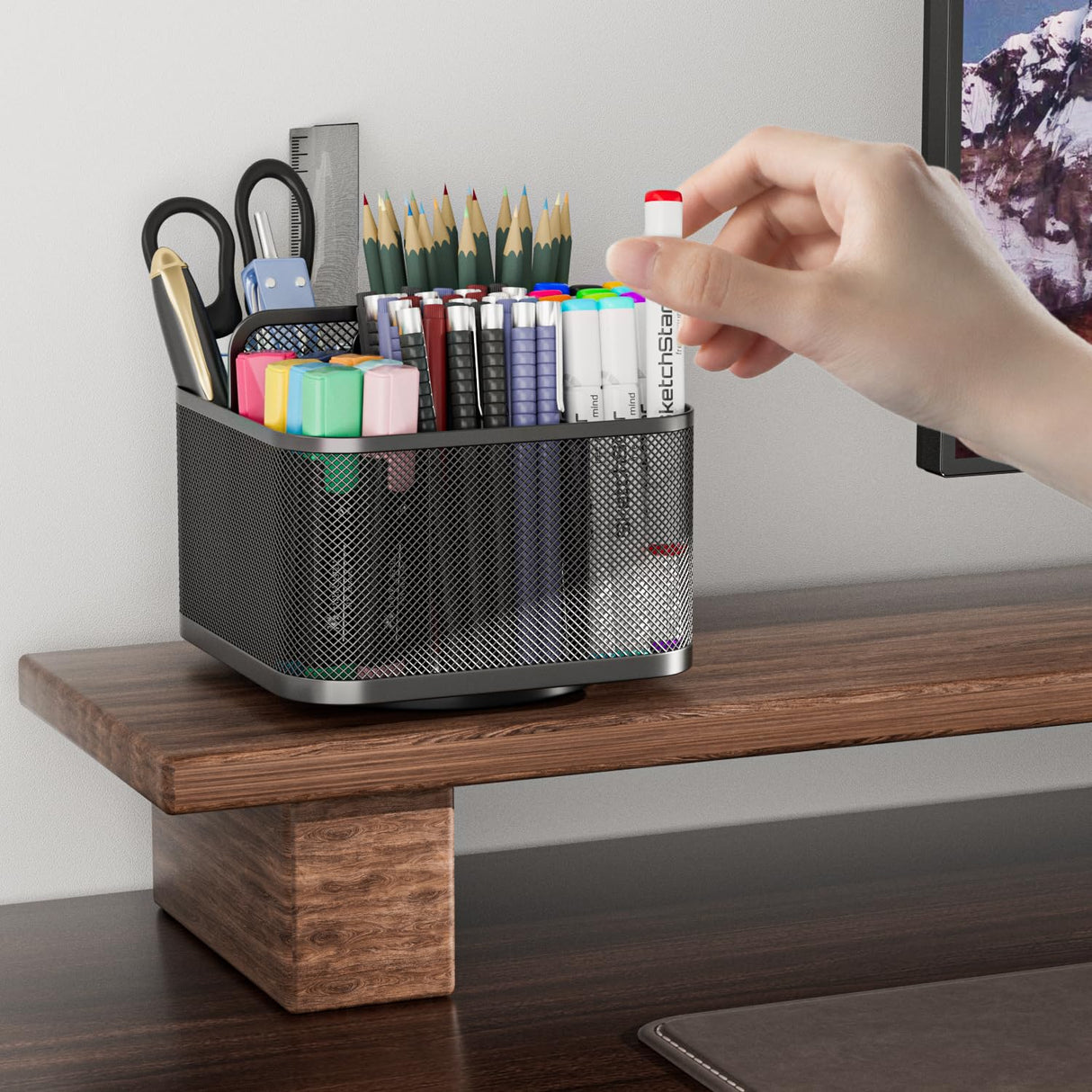 LUCYCAZ 360 Rotating Metal Pencil Pen Holder for Desk, Rotating Pencil Cup with 5 Slots, Dual-Purpose Desk Pen Organizer for Office, School, Home, Square LUCYCAZ