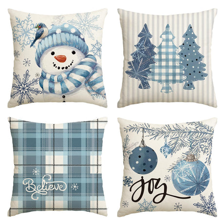 AVOIN colorlife Winter Snowman Joy Snowflake Christmas Throw Pillow Covers, 18 x 18 Inch Xmas Tree Winter Holiday Buffalo Plaid Cushion Case Decoration for Sofa Couch Set of 4 AVOIN colorlife