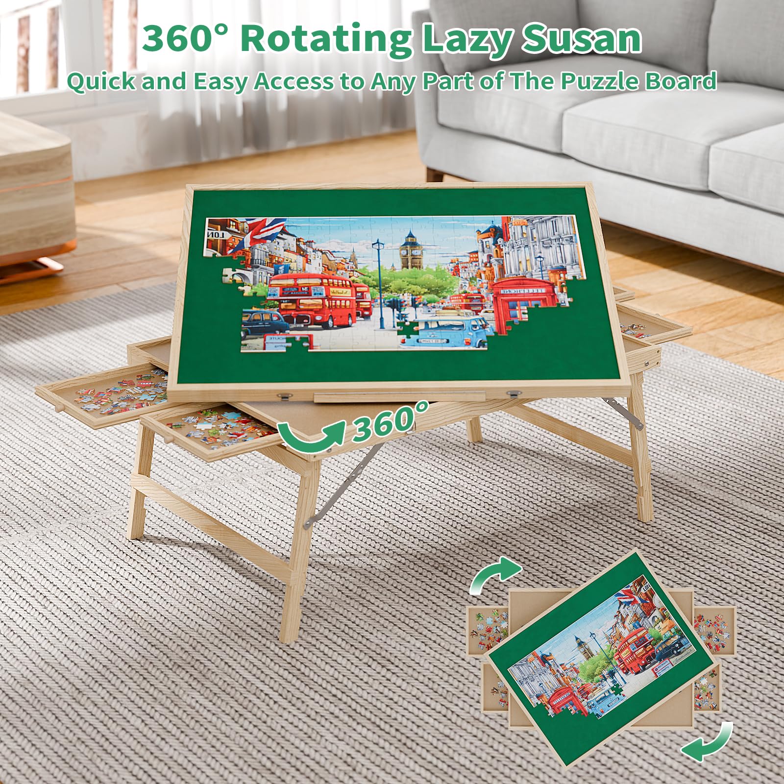 Puzzle Table with Drawers for Adults - Jigsaw Puzzle Table with Rotating 1500 Piece Puzzle Board, Portable Puzzle Table with Foldable Legs, Tilting Puzzle Board with Cover, Present for Puzzle - WoodArtSupply