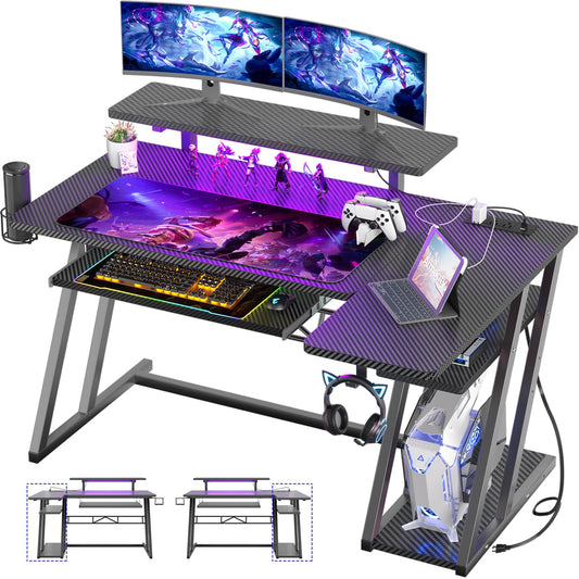 Gaming Desk with Shelves and Outlets, L Shaped Gaming Desk with LED Lights, Reversible L Shaped Computer Desk for Gamer, Carbon Fiber Black, 47" - WoodArtSupply