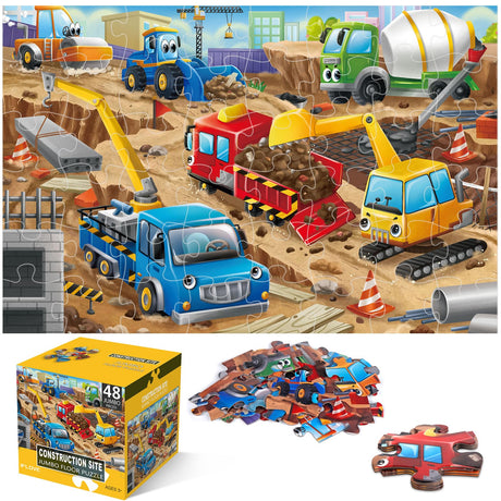 Jumbo Floor Puzzle for Kids,Construction Site Jigsaw Large Puzzles,48 Piece Construction Vehicle Puzzle for Toddler Ages 3-5,Children Learning Preschool Educational Toys,Gift for 4-8 Years Old IFLOVE