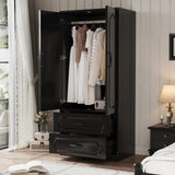 Swpormundo Wardrobe Closet with Drawers and Hanging Rod, 70" Wooden Wardrobe Closet with 2 Doors and 2 Drawer, Armoire Clothing Storage Cabinets with Smooth Slide for Bedroom, Dorm, Cloak Room (Black) Swpormundo