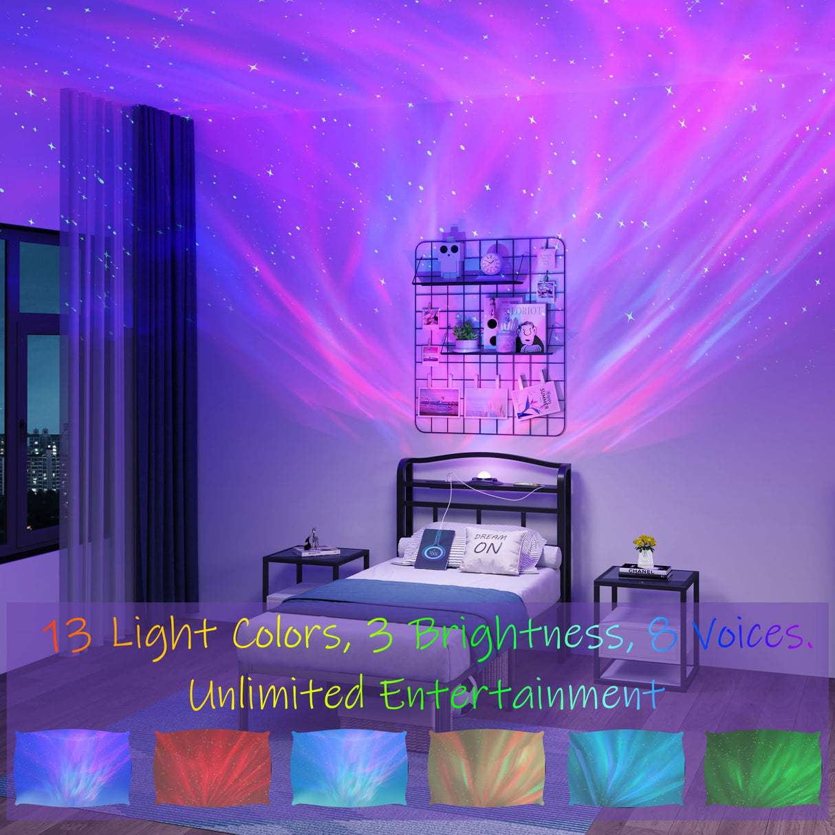 SHOANED Twin Size Metal Bed Frame - 14 Inch Heavy Duty Bedframe with Headboard & Charging Station Basic Steel Slats Platform with Galaxy Aurora Projector No Box Spring Needed, Noise-Free SHOANED