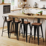 HAOBO Home 24" Low Back Metal Counter Stool Height Bar Stools with Wooden Seat [Set of 4] Barstools, Matte Black HAOBO Home