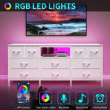 DrawXynth White Dresser for Bedroom with LED Lights and Power Outlets, 55" TV Stand with 10 Drawers & Open Shelves, Fabric Chest of Drawers with PU Finish, Metal Frame, Wood Top DrawXynth