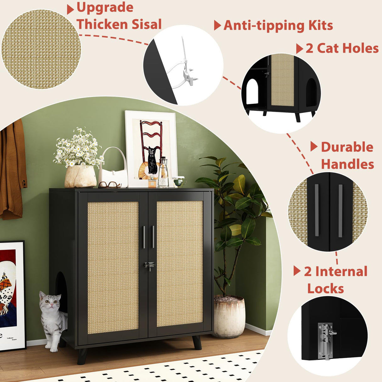 DAWNSPACES Large Cat Litter Box Enclosure, 2 in 1 Hidden Cat Washroom Furniture with Sisal Covered Doors, 2 Layers Wooden Cat Cabinet with Adjustable Shelf, Side Table TV Stand for Living Room, Black DAWNSPACES