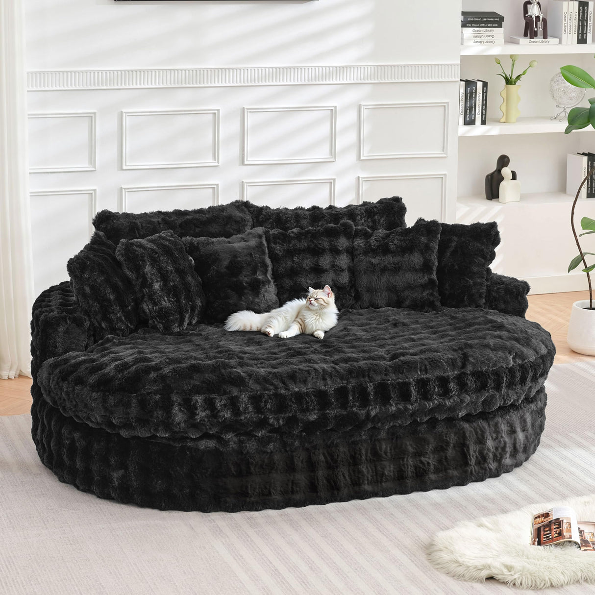 TYBOATLE 83’’ Oversized Round Chaise Lounge Chair Indoor w/Deep Seat, Round Memory Foam Couch, Comfy Fluffy Plush Chaise Lounge Indoor w/Double Cushion, Circle Bed for Livingroom (Black) TYBOATLE
