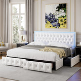 Keyluv King Upholstered LED Bed Frame with 4 Storage Drawers and Adjustable Tufted Headboard in White Keyluv