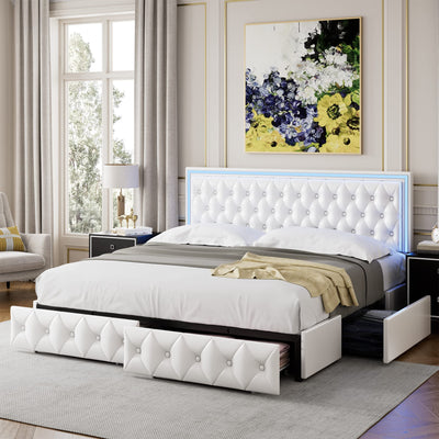 Keyluv Queen Upholstered LED Bed Frame with 4 Storage Drawers and Adjustable Tufted Headboard in White