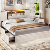 VIAGDO Farmhouse King Bed Frame with Headboard and Double Barn Door Storage Cabinets, Rustic Wooden Bed Frame King Size with Charging Station, 4 Drawers and LED Lights, No Box Spring Needed, White VIAGDO