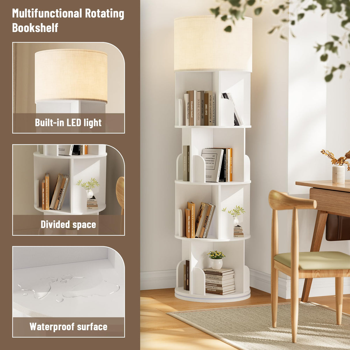 INNOD Rotating Bookshelf with Light, 4 Tier Spinning Bookshelf Tower, 360° Revolving Bookcase, Small Corner Book Shelf for Kids Rooms, Bedrooms, Living Rooms, Home Offices, and Compact Areas, White INNOD