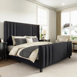 AMERLIFE King Size Bed Frame, Velvet Upholstered Platform Bed with Vertical Channel Tufted Headboard & Footboard/Wingback, Mattress Foundation with Wood Slats, No Box Spring Needed, Black AMERLIFE