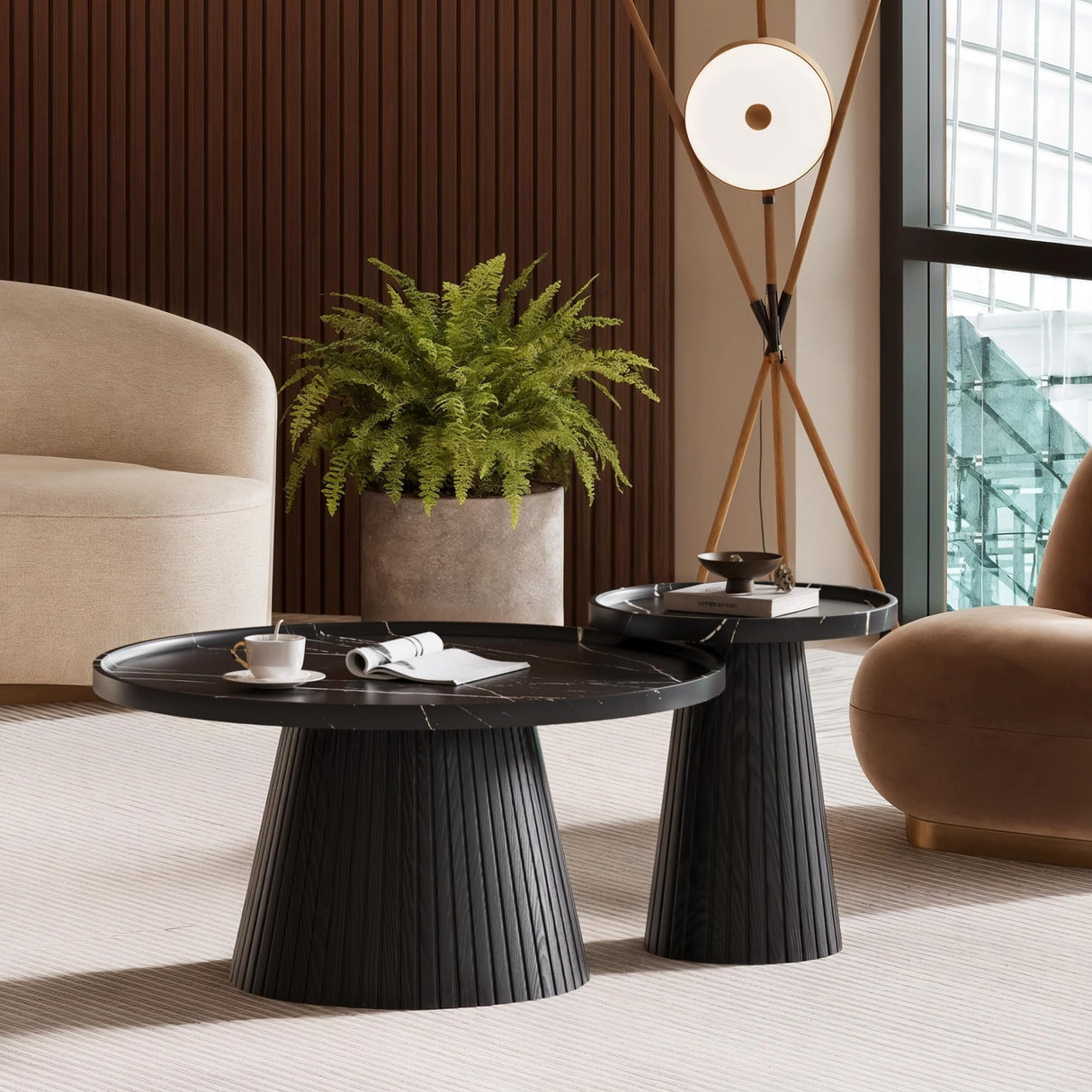 win2win Nesting Coffee Table Set of 2, Mid Century Modern Coffee Table with Marble Veneer, Fluted Round Tea Table and End Table Set, Minimalist Center Tables for Living Room, Office, Black win2win