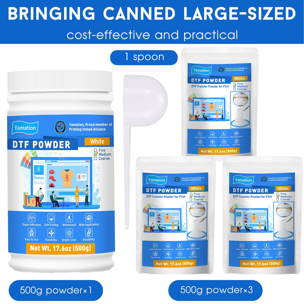 Yamation DTF Transfer Powder Adhesive: White 70.4 oz / 4.4 lbs - Hot Melt Adhesive Powder for Sublimation - Ideal for Inkjet Printer on T-Shirts - Suitable for DTF Film and Ink Yamation